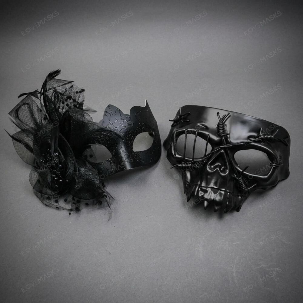 Black Skull and Feathered Masquerade Halloween Party masks